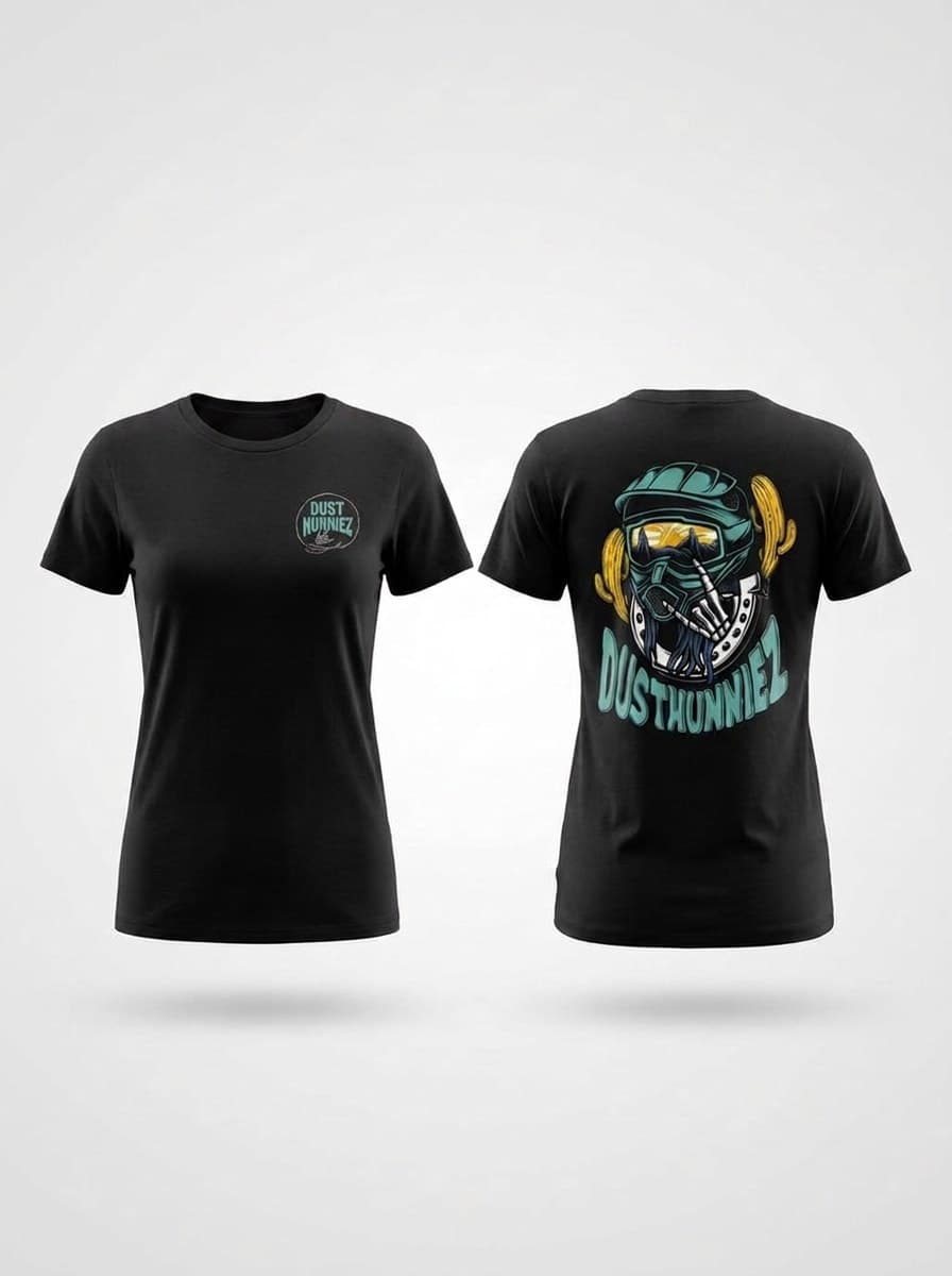 Black Dusthunniez tee, front and back — small chest badge, full mascot design on the back.